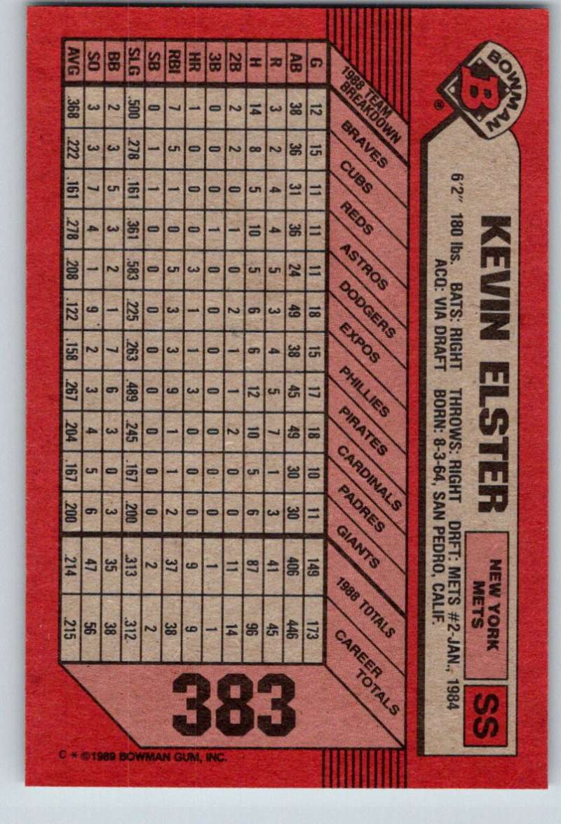 1989 Bowman #383 Kevin Elster Mets MLB Baseball Image 2