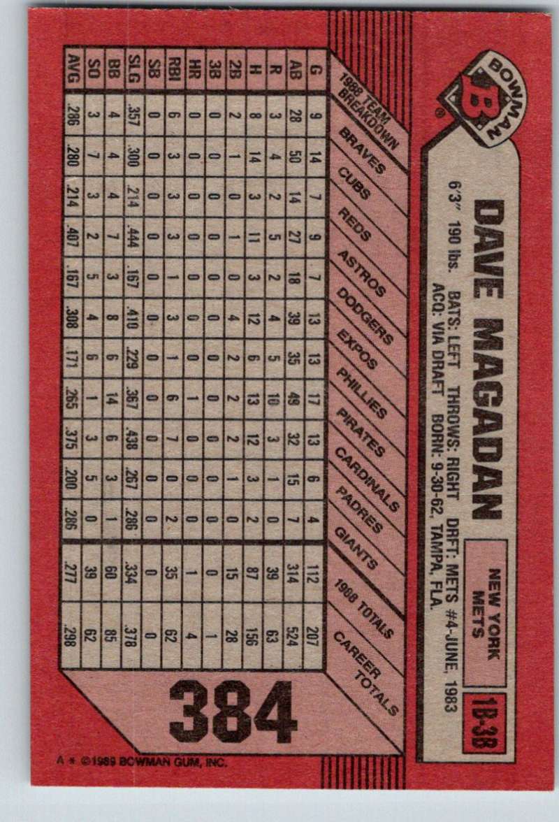 1989 Bowman #384 Dave Magadan Mets MLB Baseball Image 2