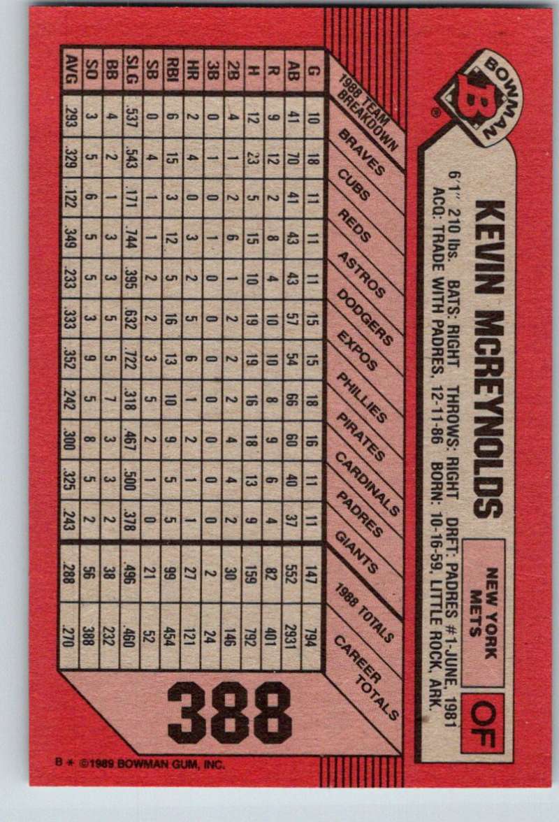 1989 Bowman #388 Kevin McReynolds Mets MLB Baseball