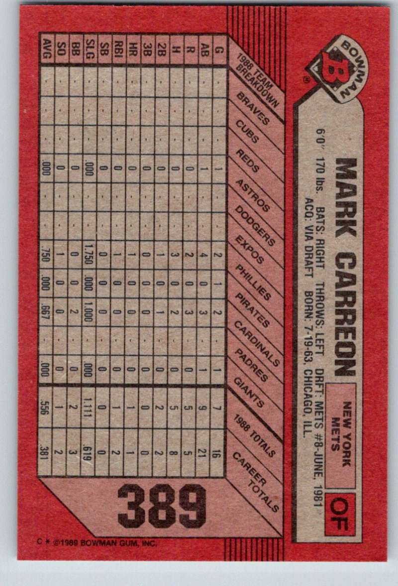 1989 Bowman #389 Mark Carreon Mets MLB Baseball Image 2