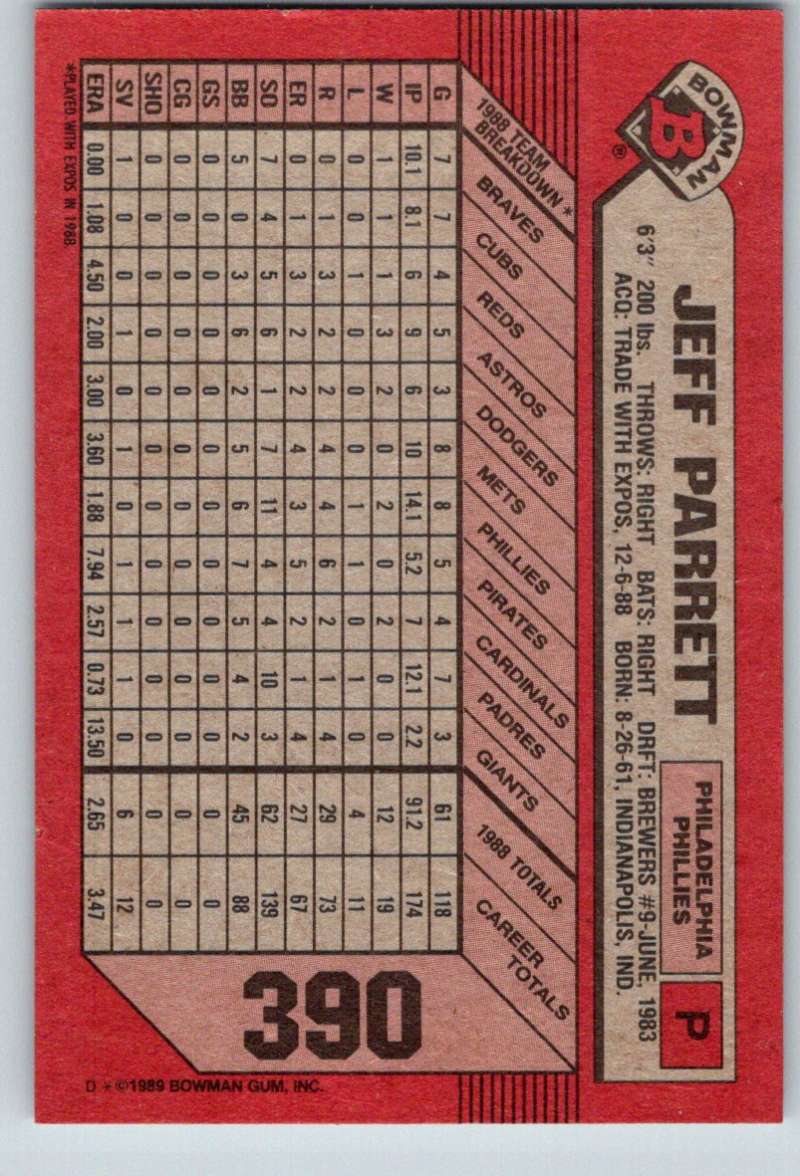 1989 Bowman #390 Jeff Parrett Phillies MLB Baseball Image 2