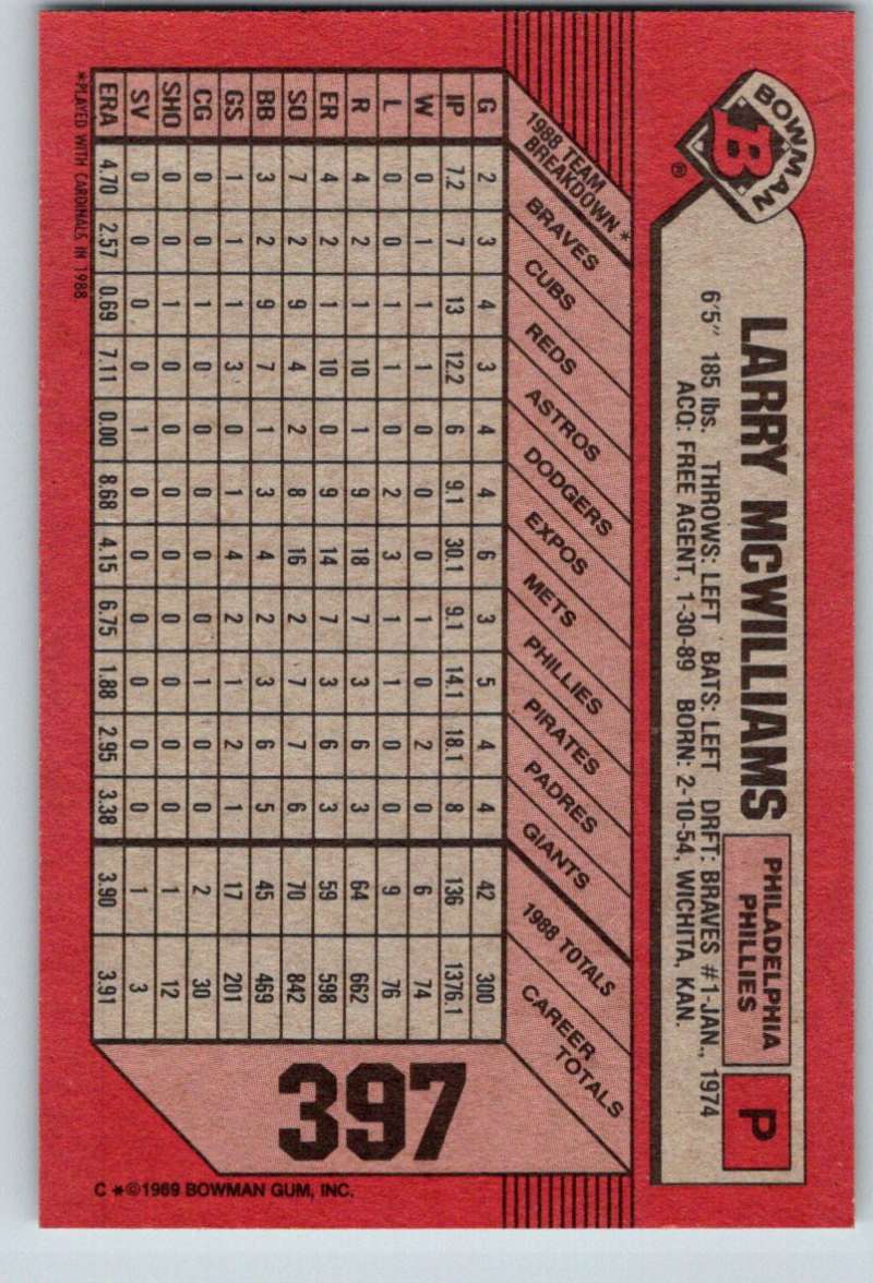 1989 Bowman #397 Larry McWilliams Phillies MLB Baseball Image 2