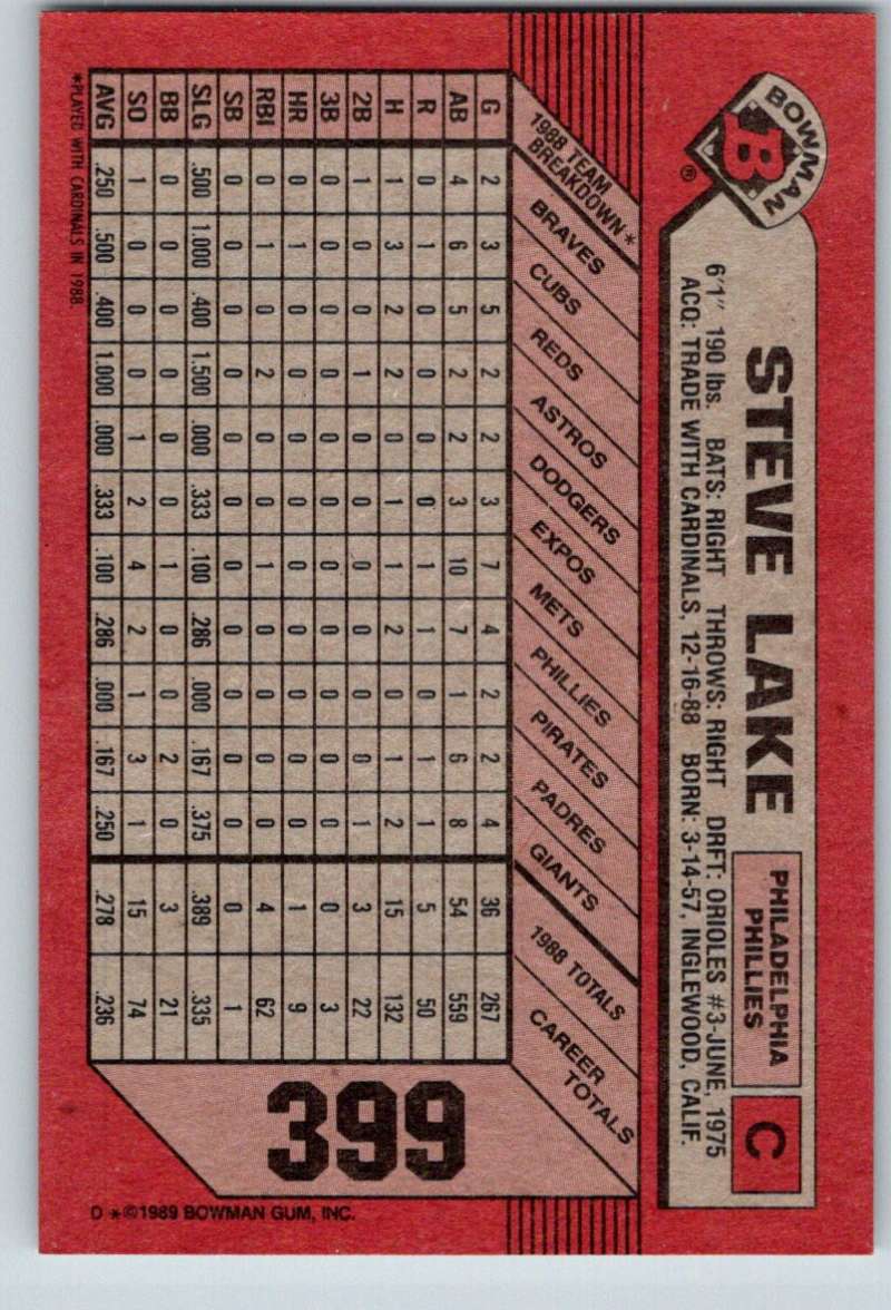 1989 Bowman #399 Steve Lake Phillies MLB Baseball Image 2