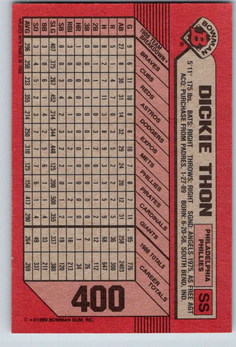 1989 Bowman #400 Dickie Thon Phillies MLB Baseball Image 2
