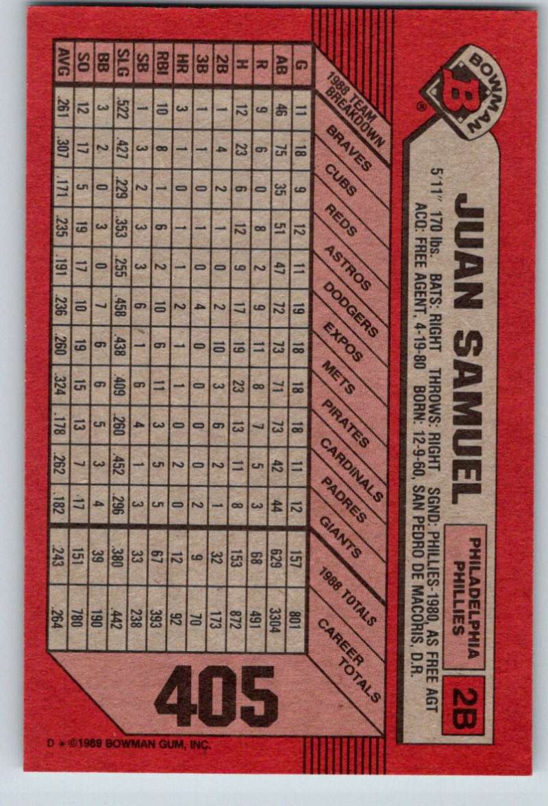 1989 Bowman #405 Juan Samuel Phillies MLB Baseball