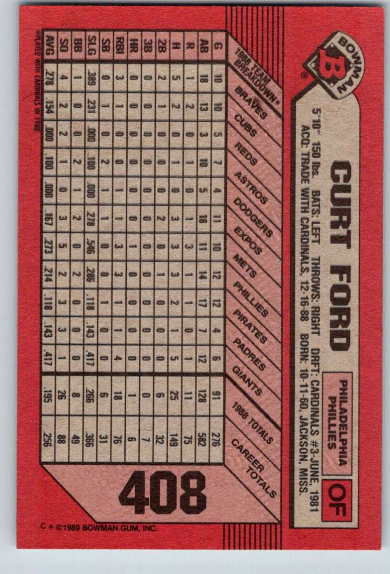 1989 Bowman #408 Curt Ford Phillies MLB Baseball Image 2