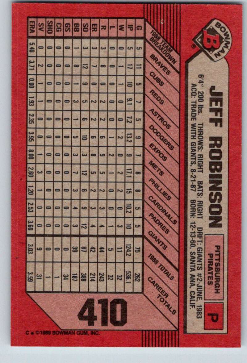 1989 Bowman #410 Jeff Robinson Pirates MLB Baseball Image 2