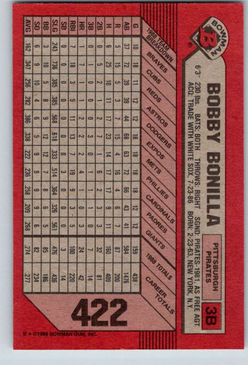 1989 Bowman #422 Bobby Bonilla Pirates MLB Baseball Image 2