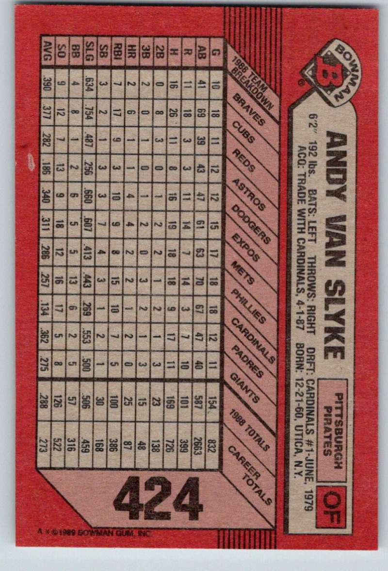 1989 Bowman #424 Andy Van Slyke Pirates MLB Baseball Image 2
