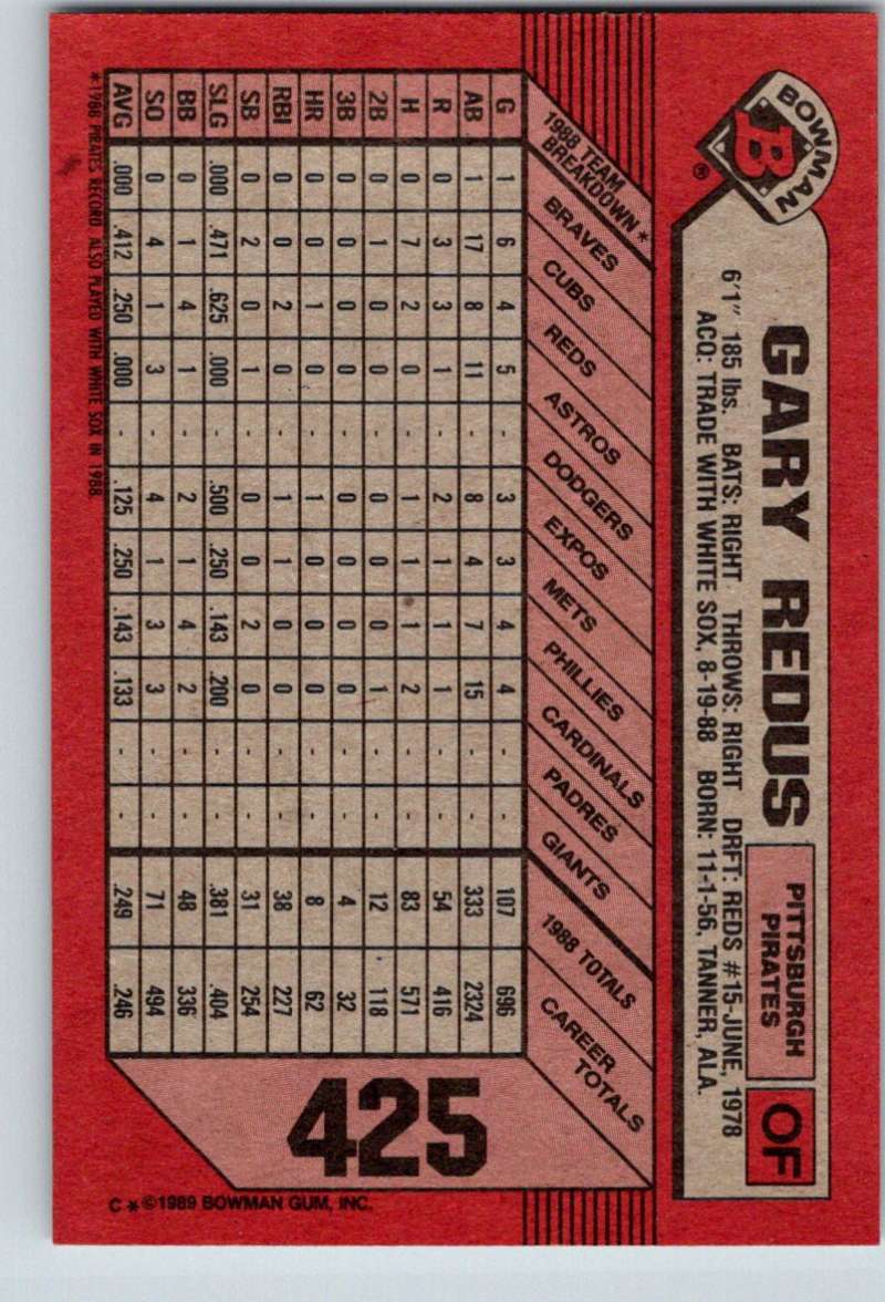 1989 Bowman #425 Gary Redus Pirates MLB Baseball Image 2
