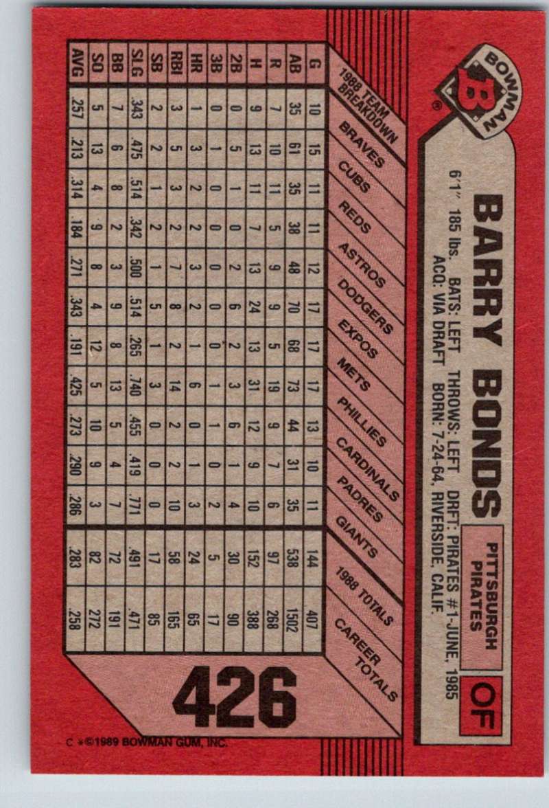 1989 Bowman #426 Barry Bonds Pirates MLB Baseball Image 2