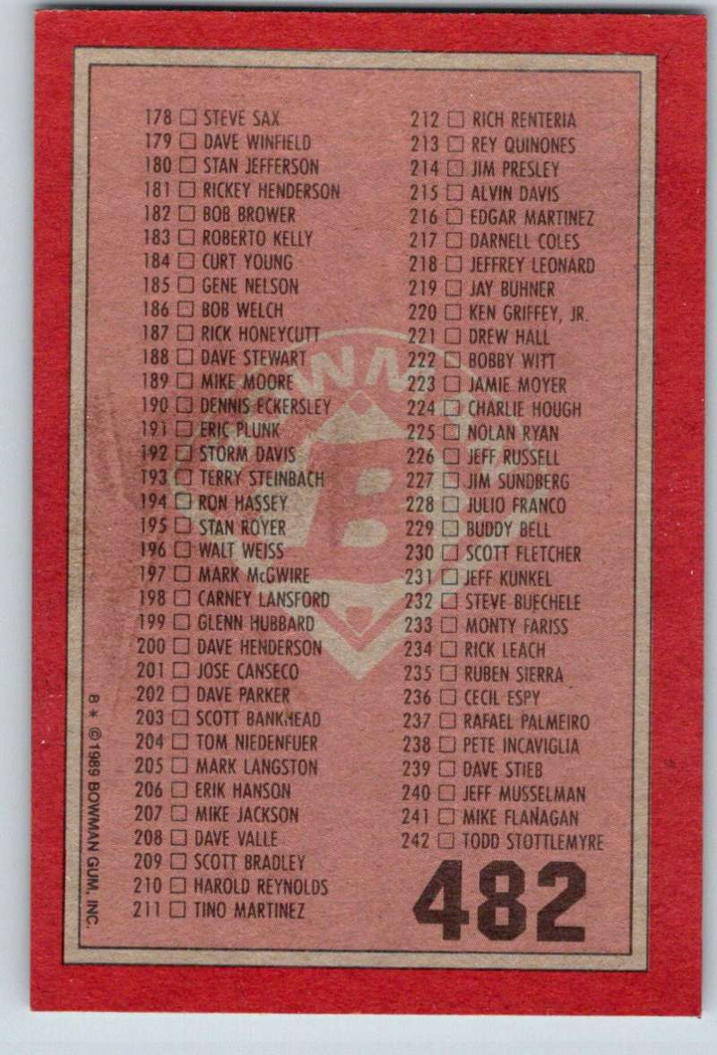 1989 Bowman #482 Checklist 122-242 MLB Baseball Image 2