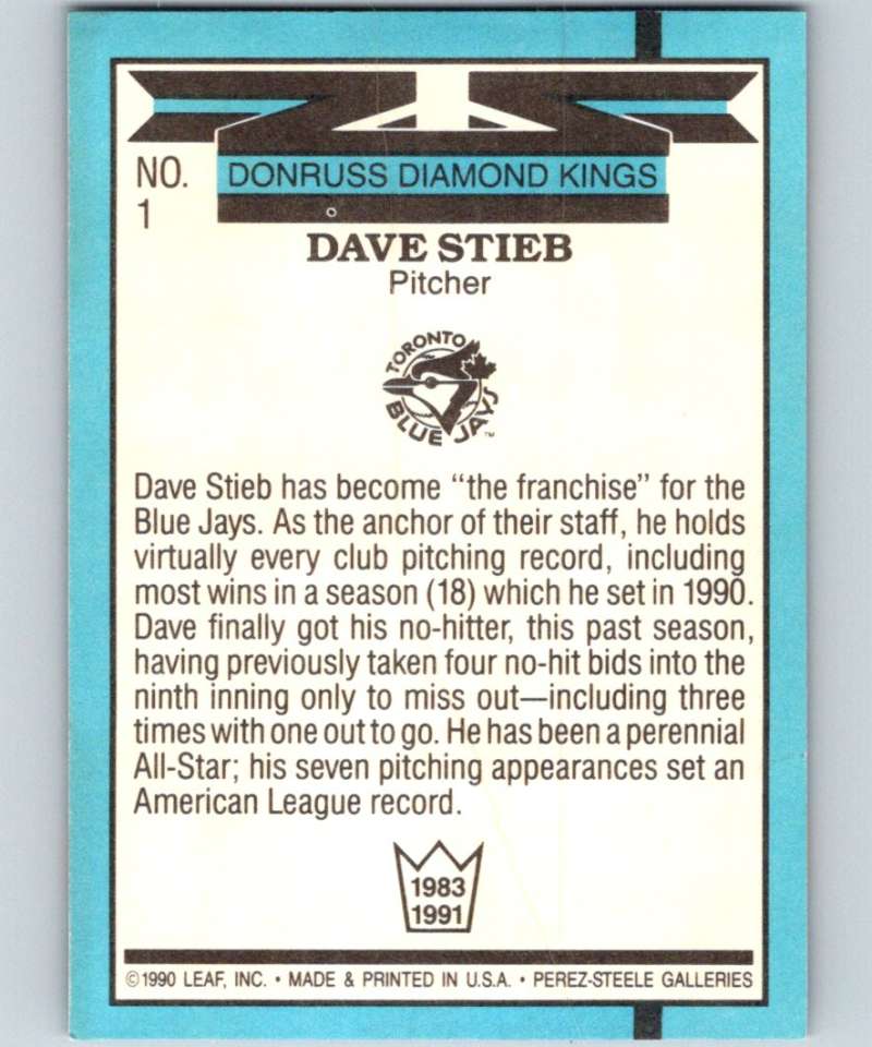 1991 Donruss #1 Dave Stieb Blue Jays DK MLB Baseball Image 2