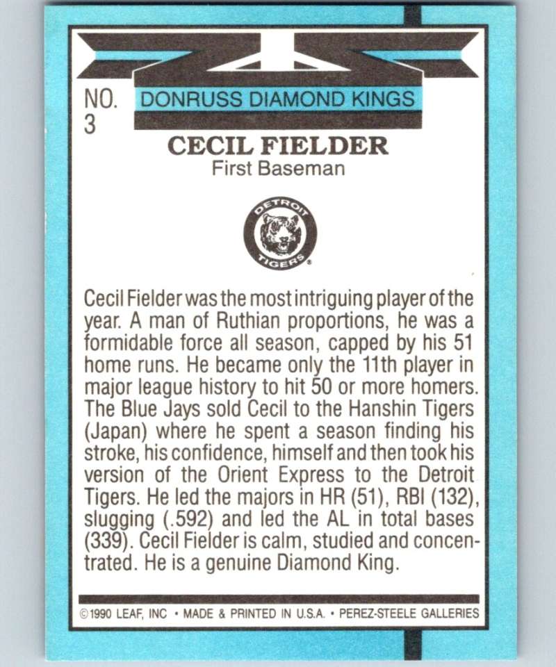 1991 Donruss #3 Cecil Fielder Tigers DK MLB Baseball Image 2