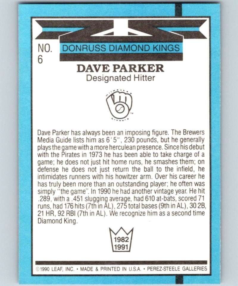 1991 Donruss #6 Dave Parker Brewers DK MLB Baseball Image 2