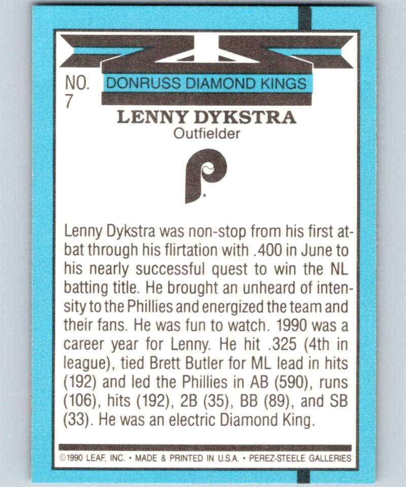 1991 Donruss #7 Lenny Dykstra Phillies DK MLB Baseball Image 2