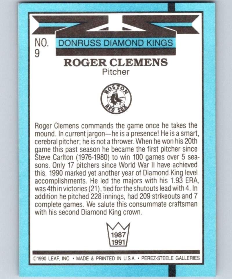 1991 Donruss #9 Roger Clemens Red Sox DK MLB Baseball Image 2