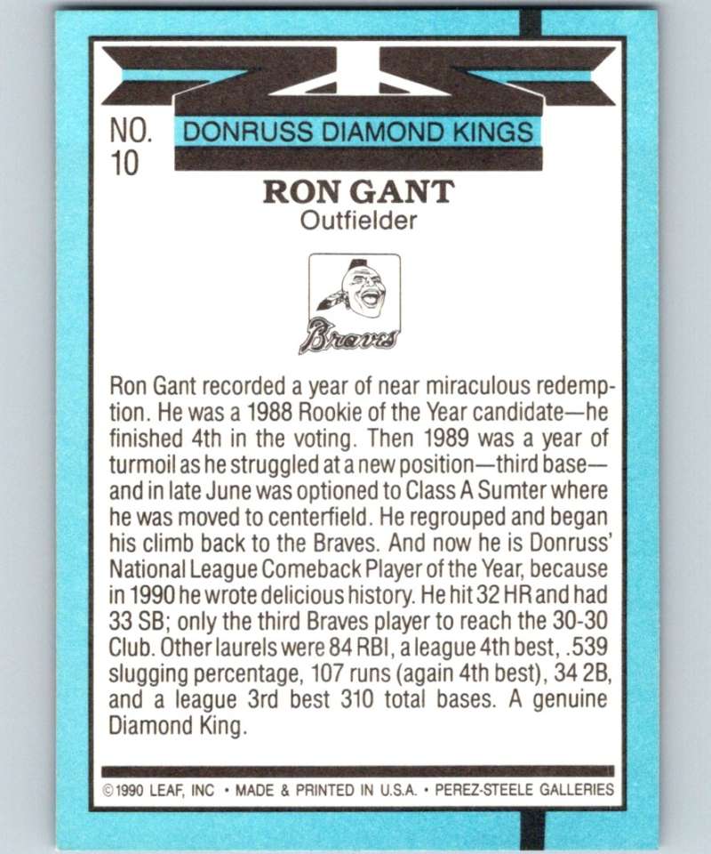 1991 Donruss #10 Ron Gant Braves DK UER MLB Baseball Image 2