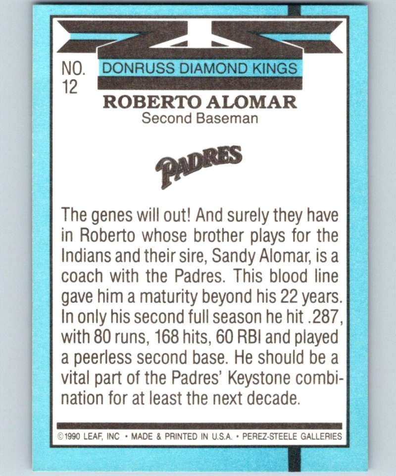 1991 Donruss #12 Roberto Alomar Padres DK UER MLB Baseball Image 2