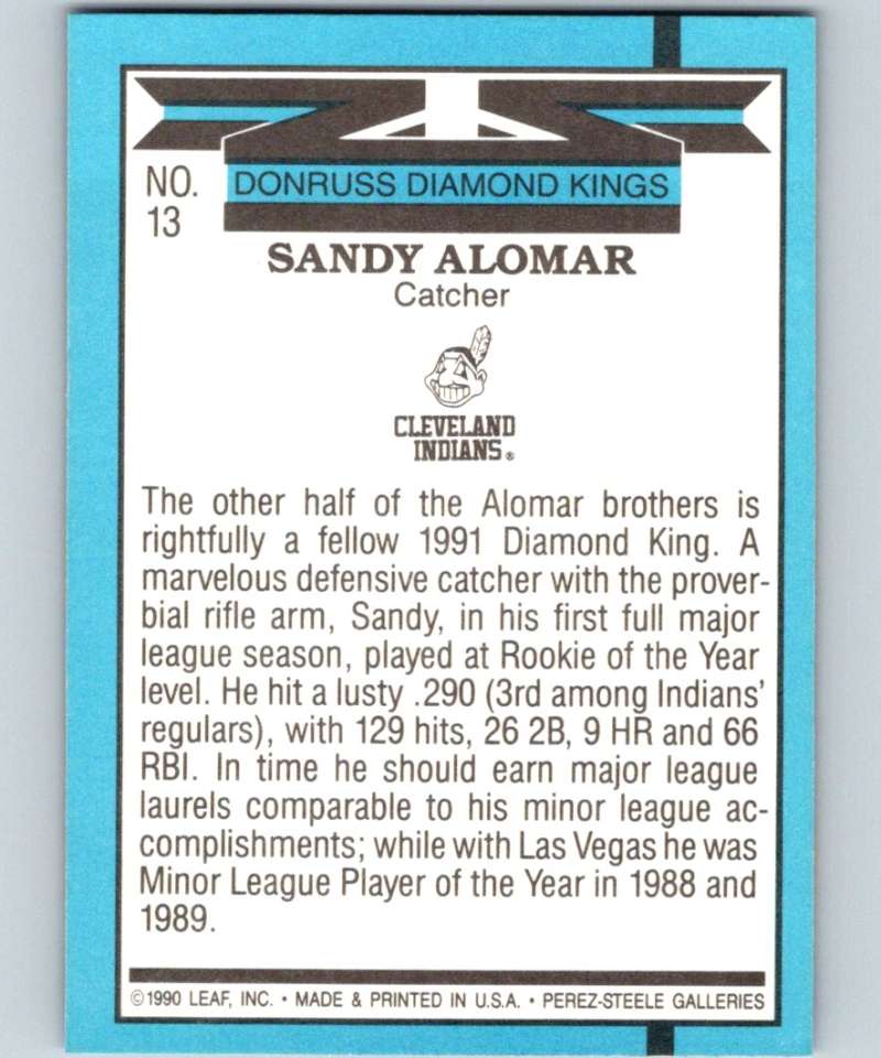 1991 Donruss #13 Sandy Alomar Jr. Indians DK MLB Baseball Image 2