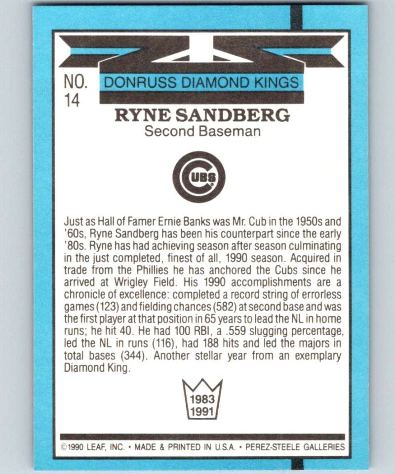 1991 Donruss #14 Ryne Sandberg Cubs DK UER MLB Baseball Image 2