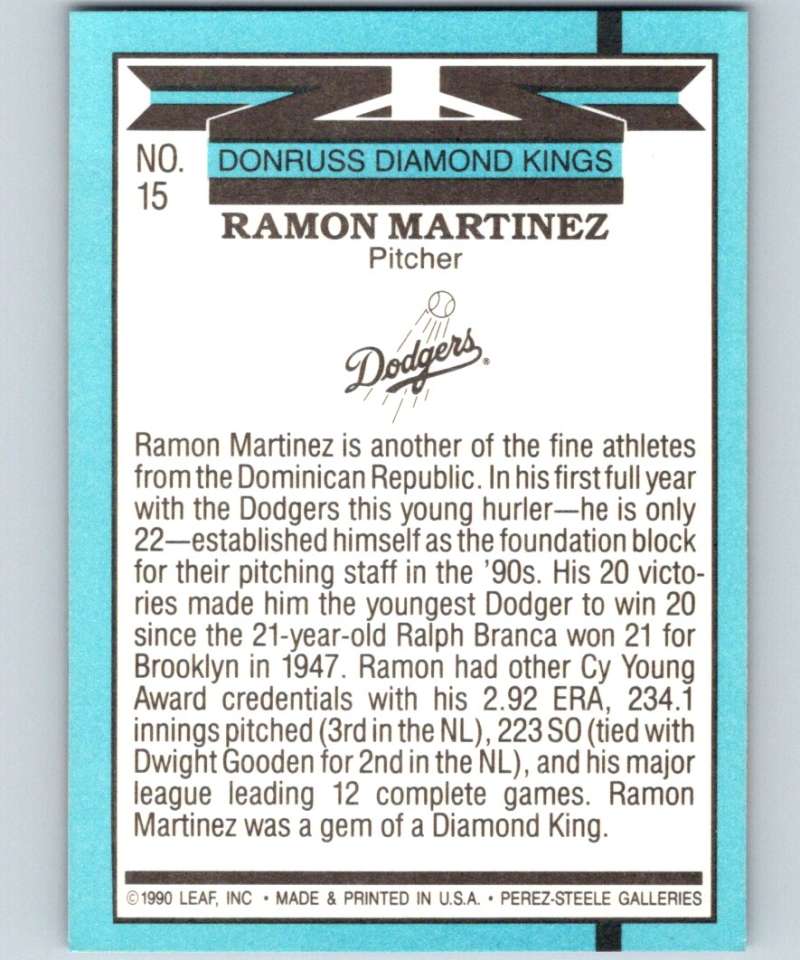 1991 Donruss #15 Ramon Martinez Dodgers DK MLB Baseball Image 2