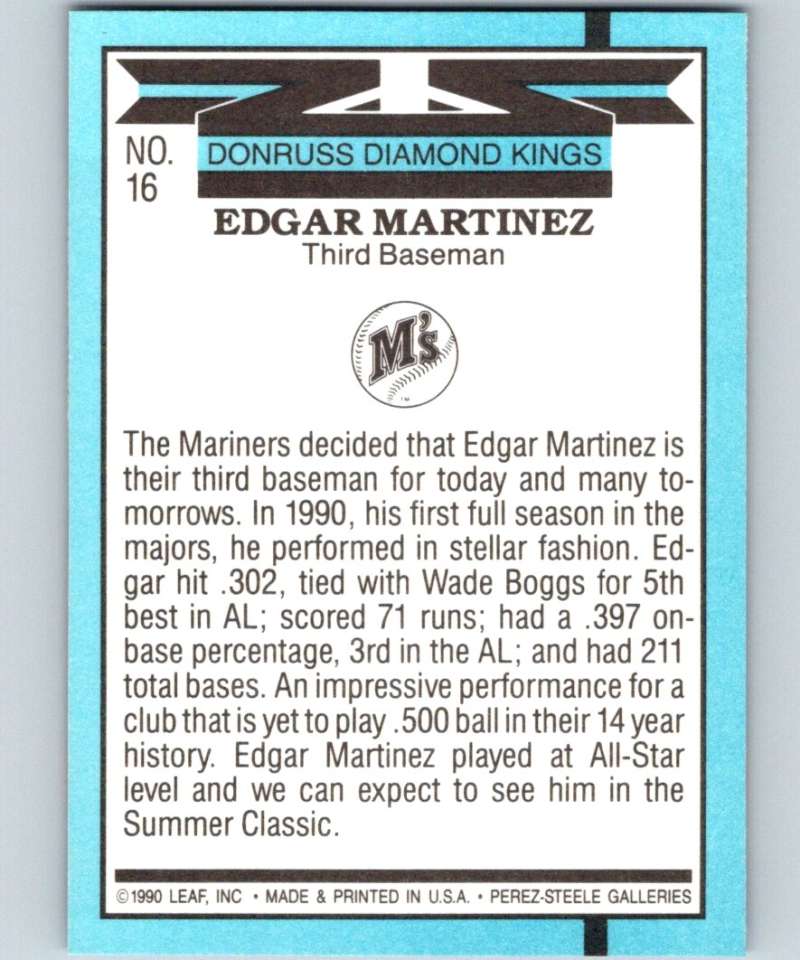1991 Donruss #16 Edgar Martinez Mariners DK MLB Baseball Image 2