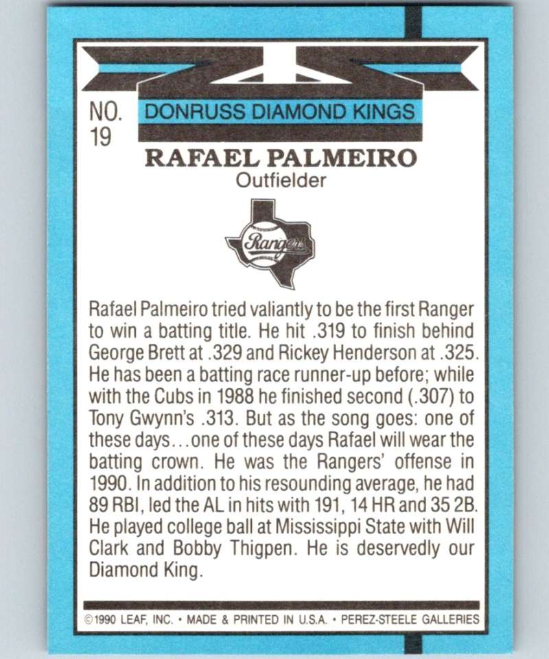 1991 Donruss #19 Rafael Palmeiro Rangers DK UER MLB Baseball Image 2