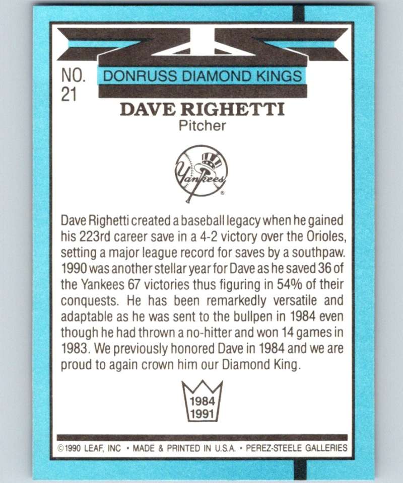 1991 Donruss #21 Dave Righetti Yankees DK MLB Baseball Image 2