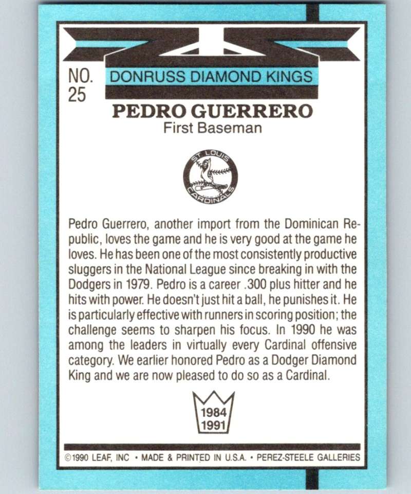 1991 Donruss #25 Pedro Guerrero Cardinals DK UER MLB Baseball Image 2