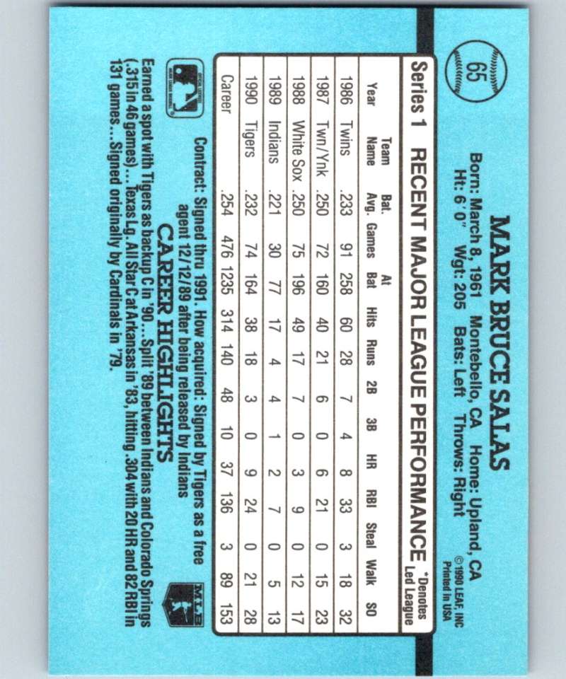 1991 Donruss #65 Mark Salas Tigers MLB Baseball Image 2