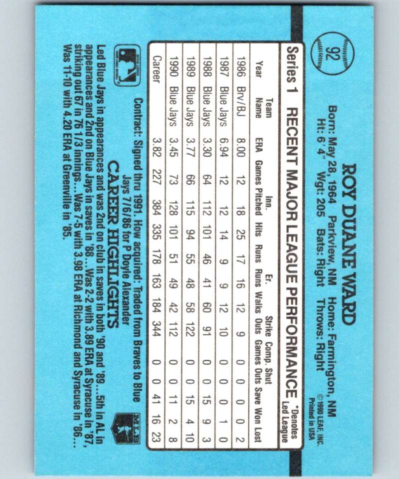 1991 Donruss #92 Duane Ward Blue Jays MLB Baseball Image 2