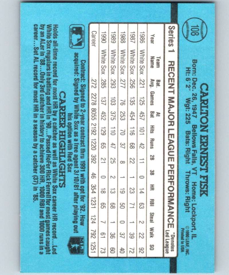 1991 Donruss #108 Carlton Fisk White Sox MLB Baseball Image 2