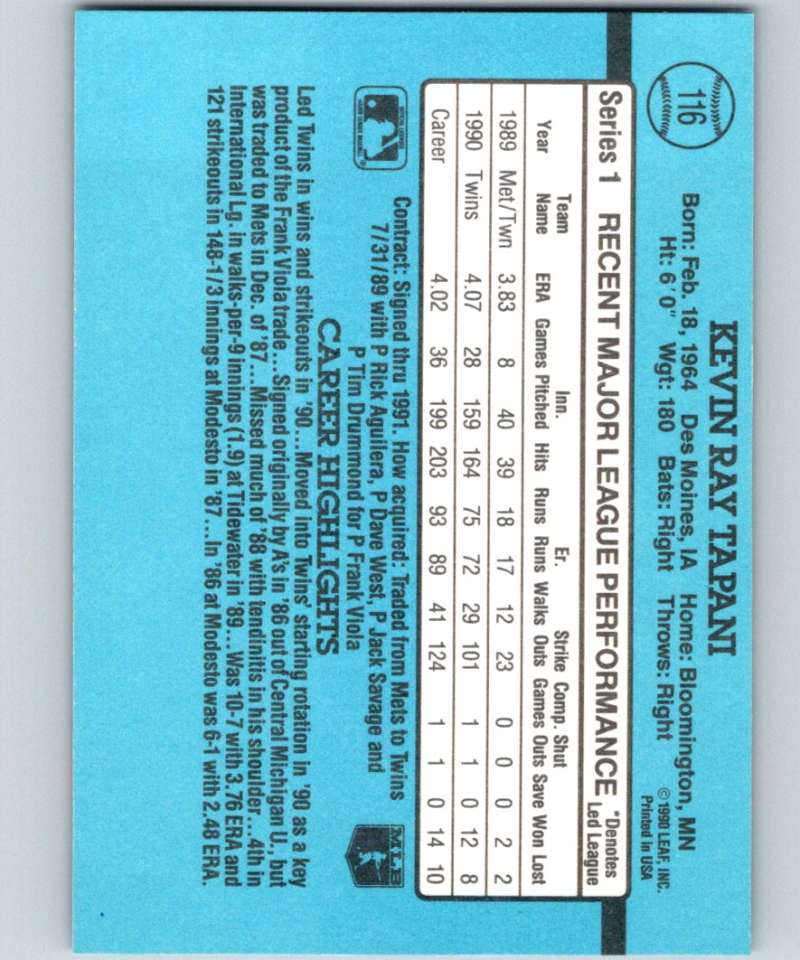1991 Donruss #116 Kevin Tapani Twins MLB Baseball Image 2