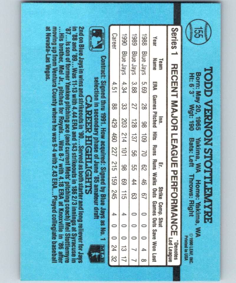 1991 Donruss #155 Todd Stottlemyre Blue Jays MLB Baseball Image 2