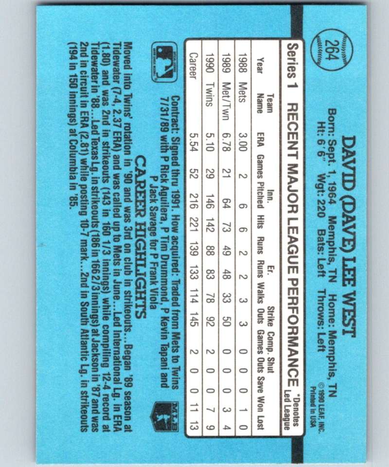 1991 Donruss #264 David West Twins MLB Baseball Image 2