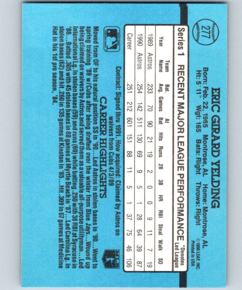 1991 Donruss #277 Eric Yelding Astros MLB Baseball Image 2