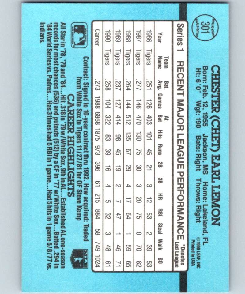 1991 Donruss #301 Chet Lemon Tigers MLB Baseball Image 2