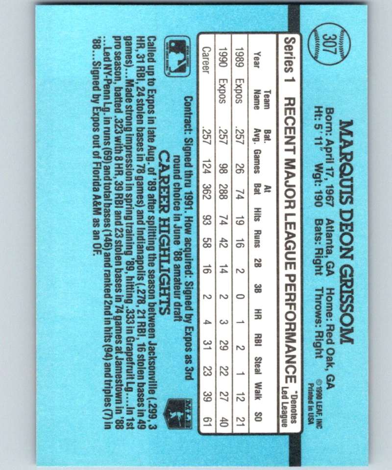 1991 Donruss #307 Marquis Grissom Expos UER MLB Baseball Image 2