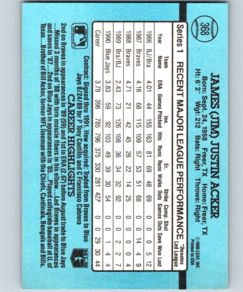 1991 Donruss #368 Jim Acker Blue Jays MLB Baseball Image 2