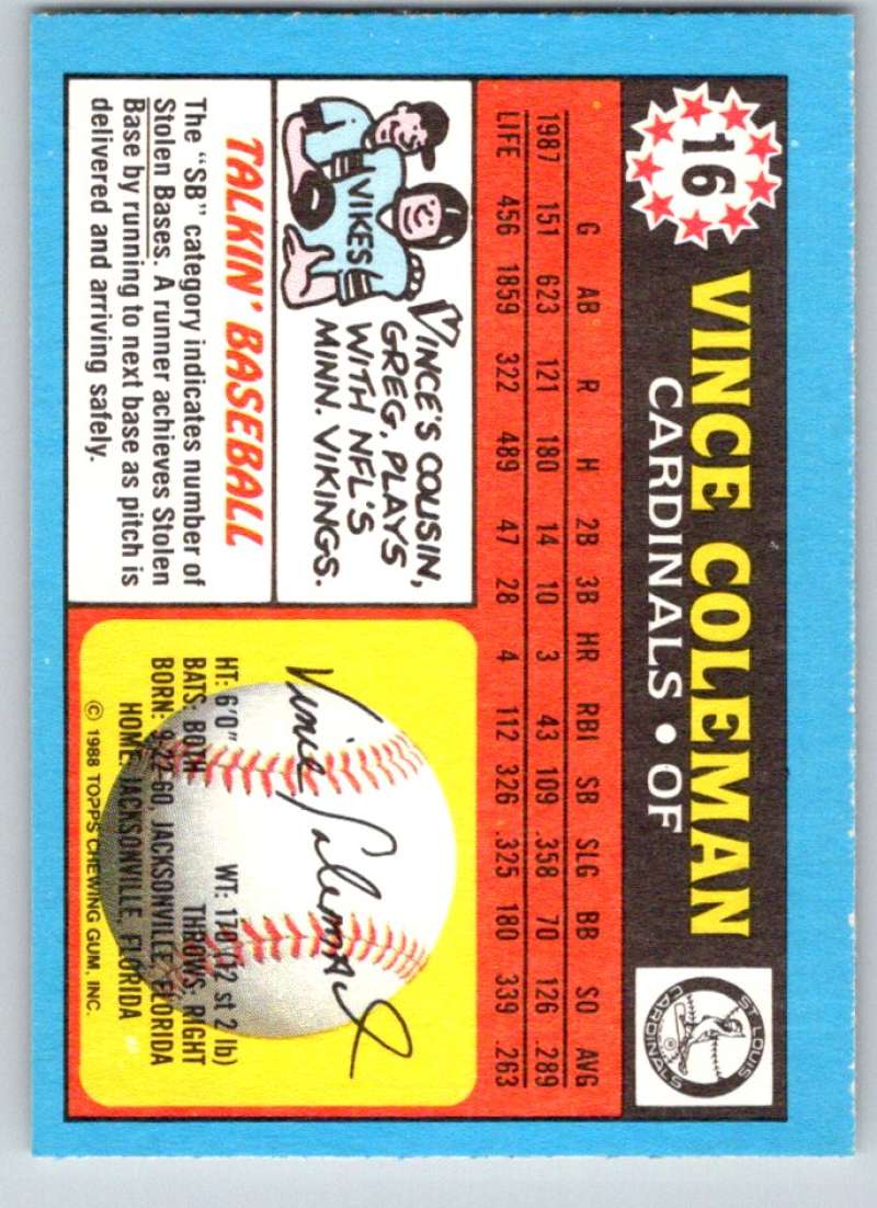 1988 Topps UK Minis #16 Vince Coleman Cardinals MLB Baseball Image 2