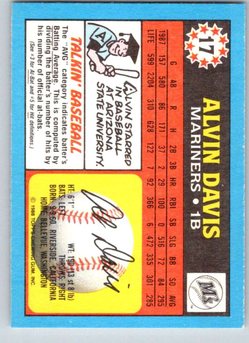 1988 Topps UK Minis #17 Alvin Davis Mariners MLB Baseball Image 2