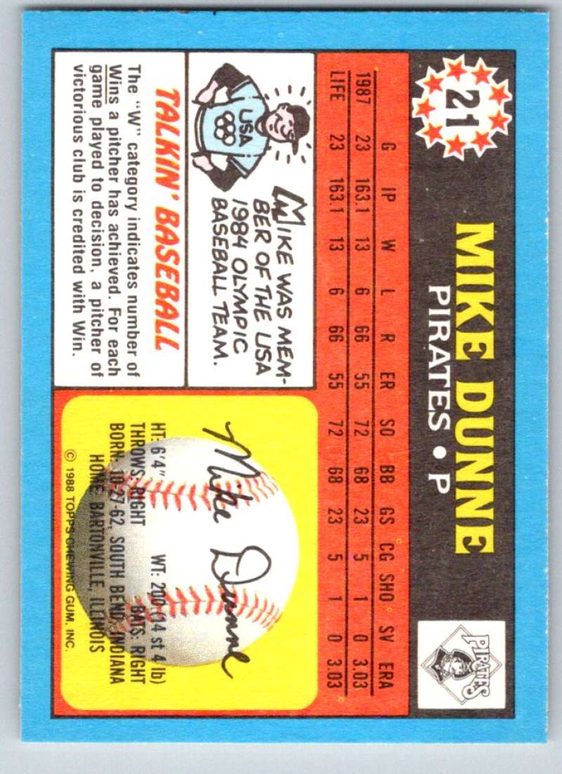 1988 Topps UK Minis #21 Mike Dunne Pirates MLB Baseball Image 2