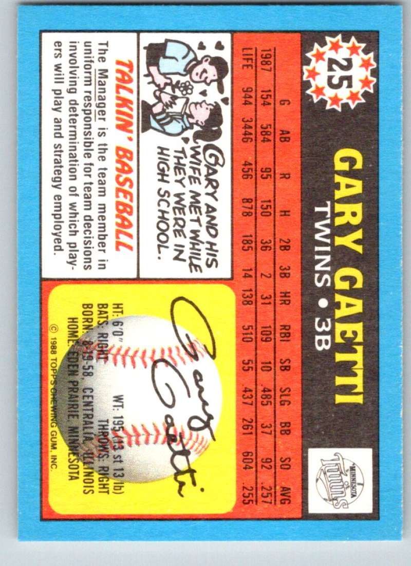 1988 Topps UK Minis #25 Gary Gaetti Twins MLB Baseball Image 2
