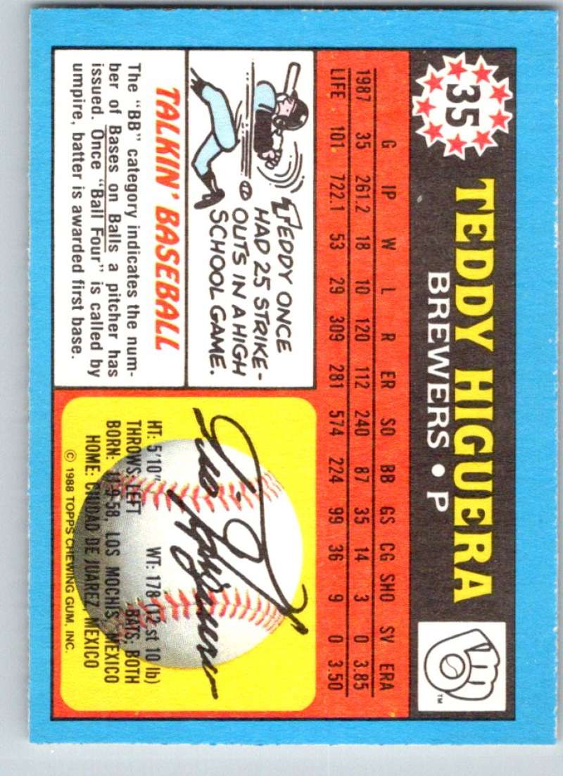 1988 Topps UK Minis #35 Teddy Higuera Brewers MLB Baseball Image 2