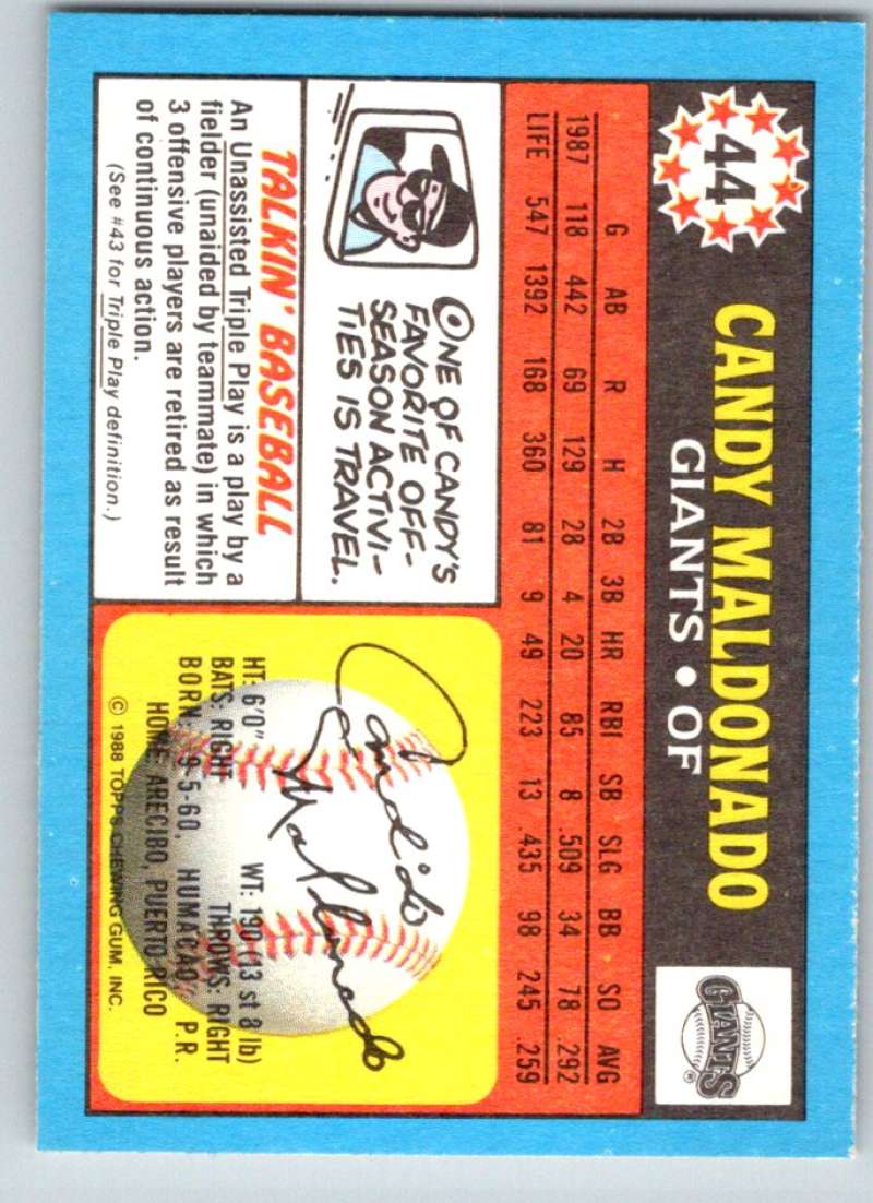 1988 Topps UK Minis #44 Candy Maldonado Giants MLB Baseball Image 2