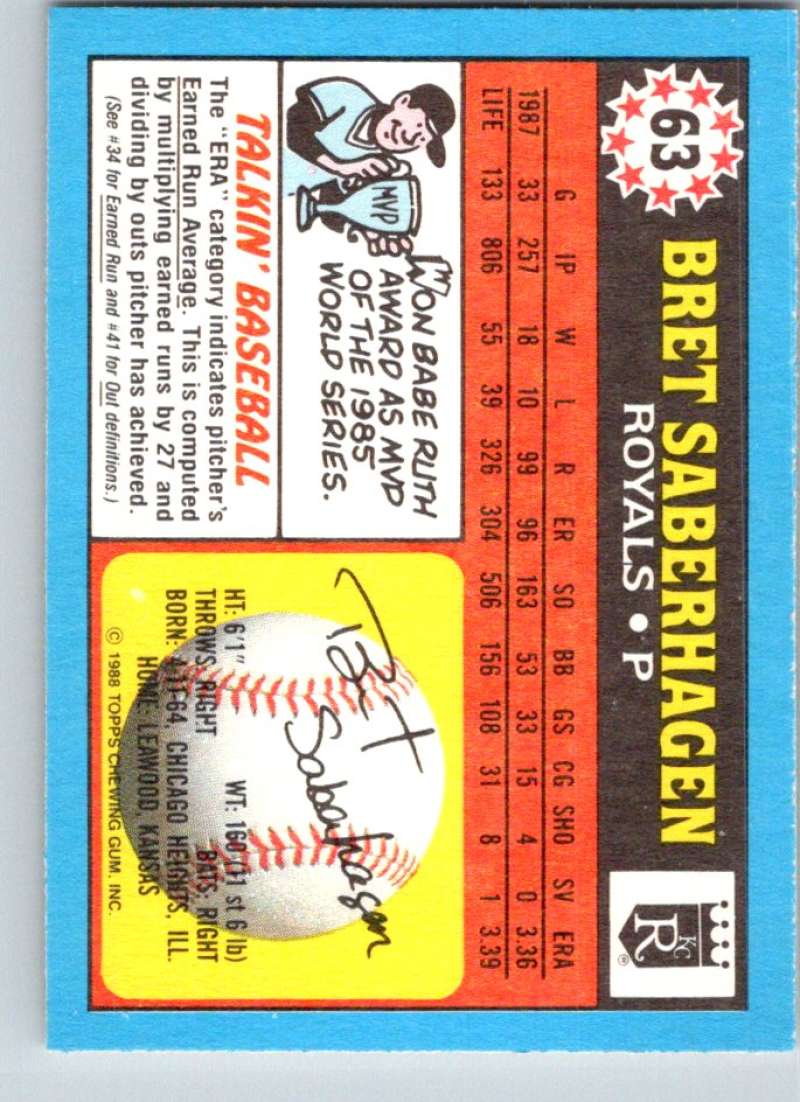 1988 Topps UK Minis #63 Bret Saberhagen Royals MLB Baseball