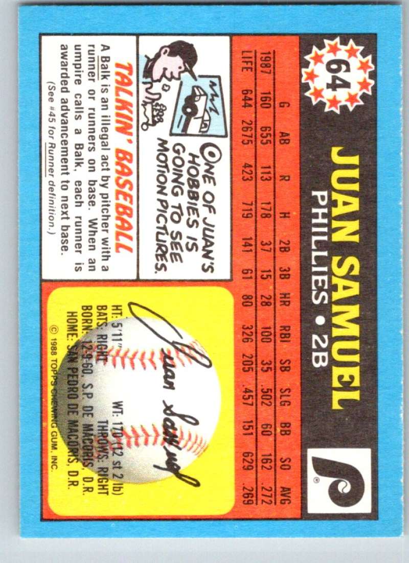 1988 Topps UK Minis #64 Juan Samuel Phillies MLB Baseball Image 2