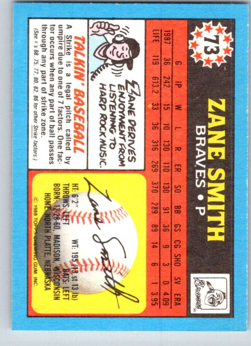 1988 Topps UK Minis #73 Zane Smith Braves MLB Baseball Image 2