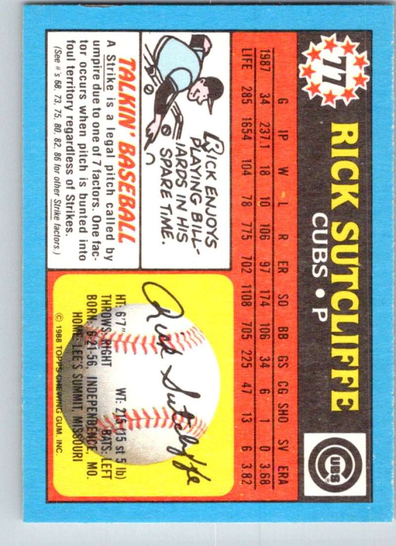 1988 Topps UK Minis #77 Rick Sutcliffe Cubs MLB Baseball Image 2